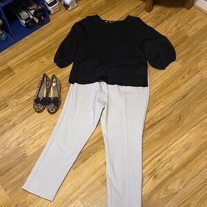 CJ Banks Cream Pants and Shein Black Top Ensemble